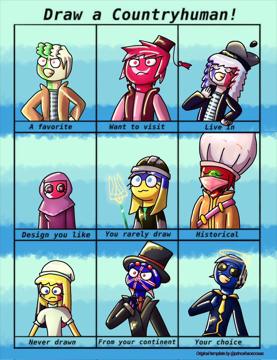 Obake_Mavi's tweet photo. That one country humans art challenge with my version of each countries below.
Template belongs to @princehacecosas .
#countryhumans #countryhumansalgeria
#countryhumansturkey
#countryhumansfrance
#countryhumansbahrain
#countryhumansartchallenge
#drawacountryhumans https://t.co/tceKlnysIr
