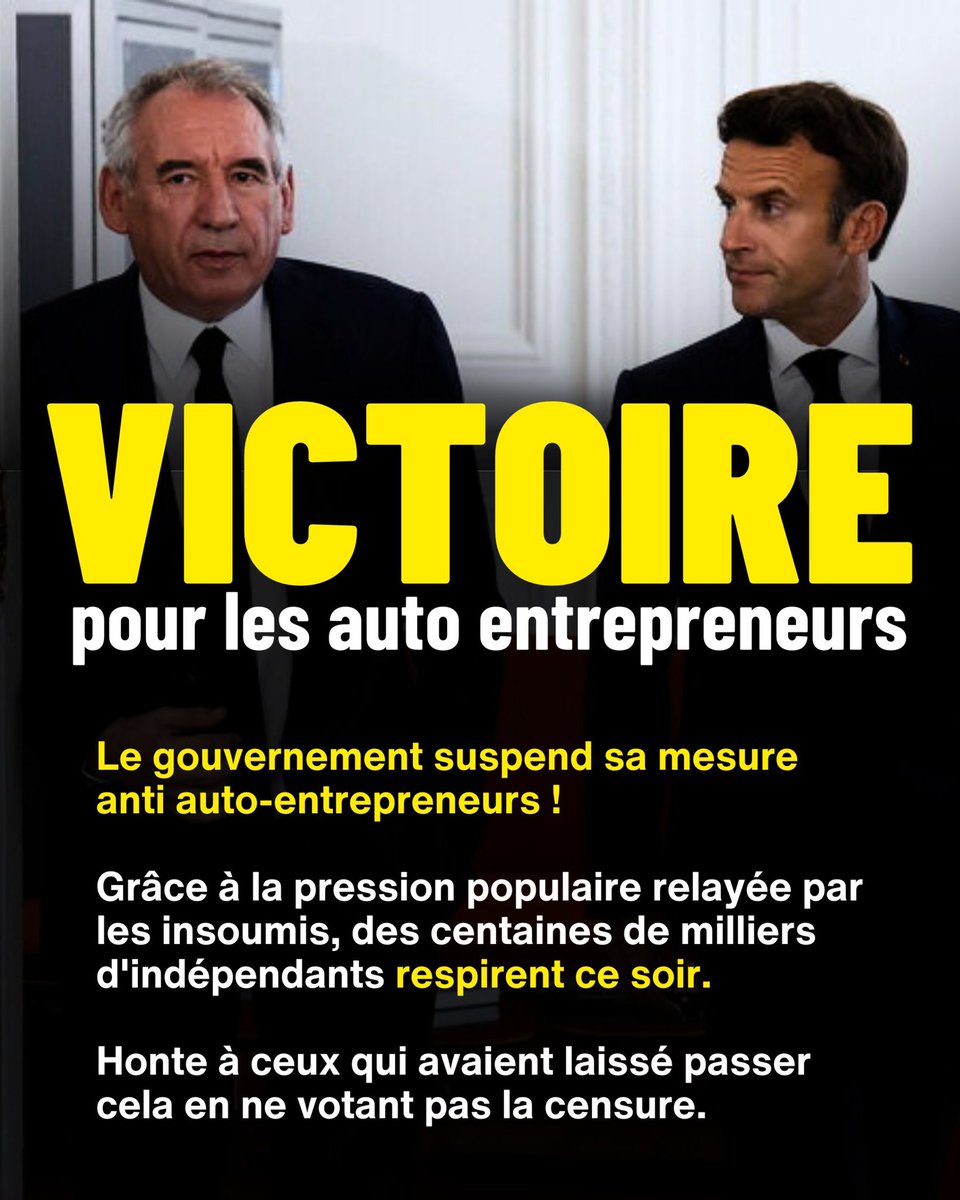 VICTOIRE !

Le gouvernement suspend la baisse du seuil de TVA pour les auto entrepreneurs !

Grâce à la pression populaire relayée par les insoumis, des centaines de milliers d'indépendants respirent ce soir.

Honte à ceux qui avaient laissé passer cela en ne votant pas la
