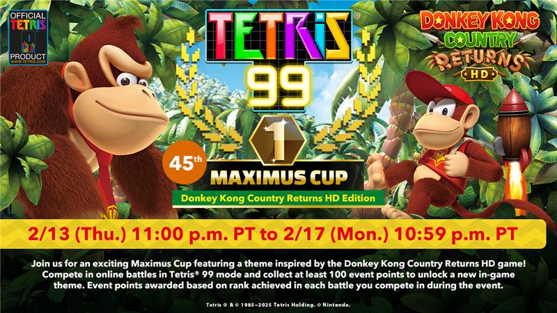 The #Tetris99 45th MAXIMUS CUP featuring Tetriminos, music, art, and a new theme from #DonkeyKong Country Returns HD is coming 2/13 at 11pm PT! <a href="/Tetris_Official/">Tetris</a>