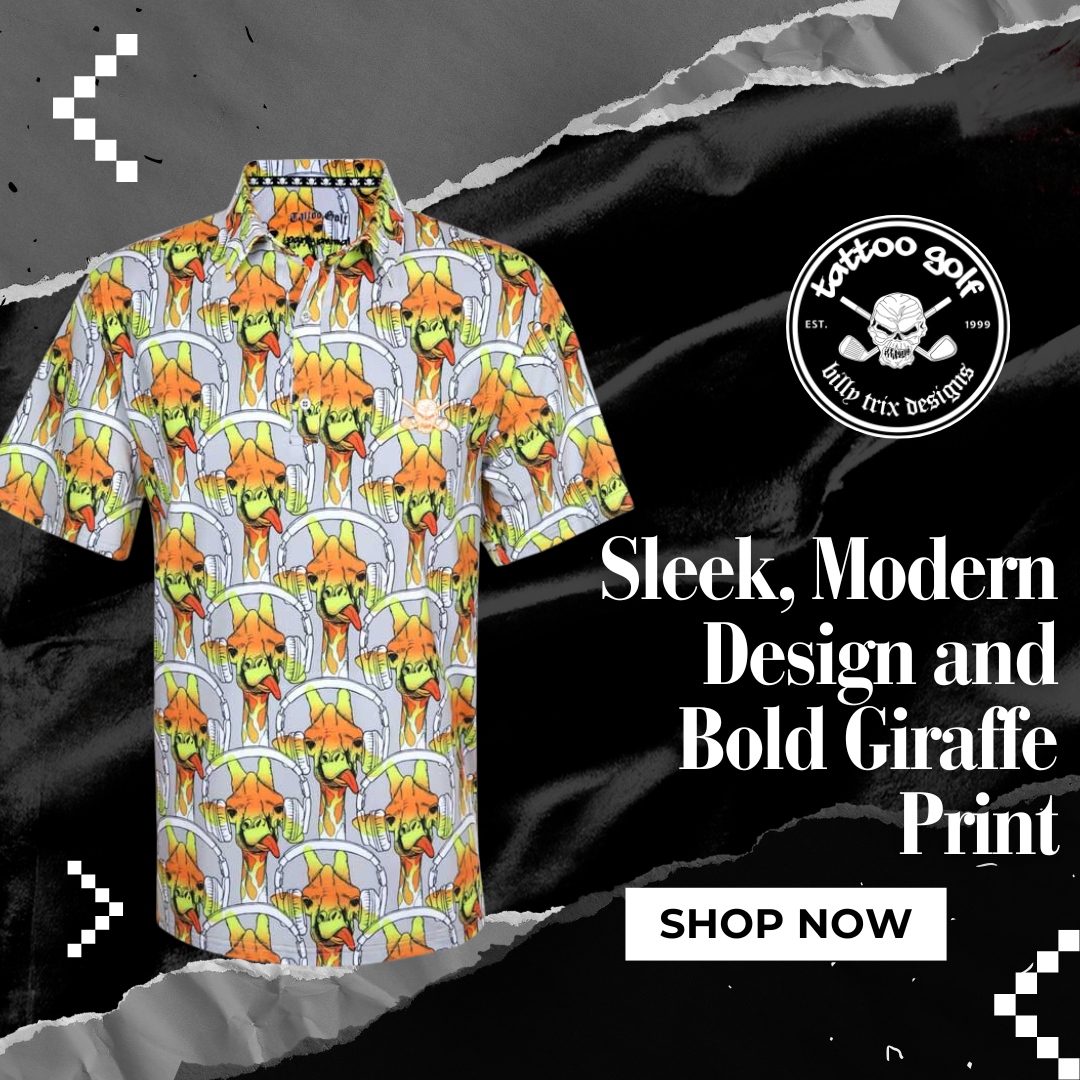 Tattoo Golf’s Party Animal Cool-Stretch Men's Golf Shirt (Giraffe) brings a fun, creative twist to traditional golf apparel. With its understated design, iconic skull, and crossed clubs emblem, this shirt effortlessly blends sophistication with personality. 🦒

Perfect for pai...