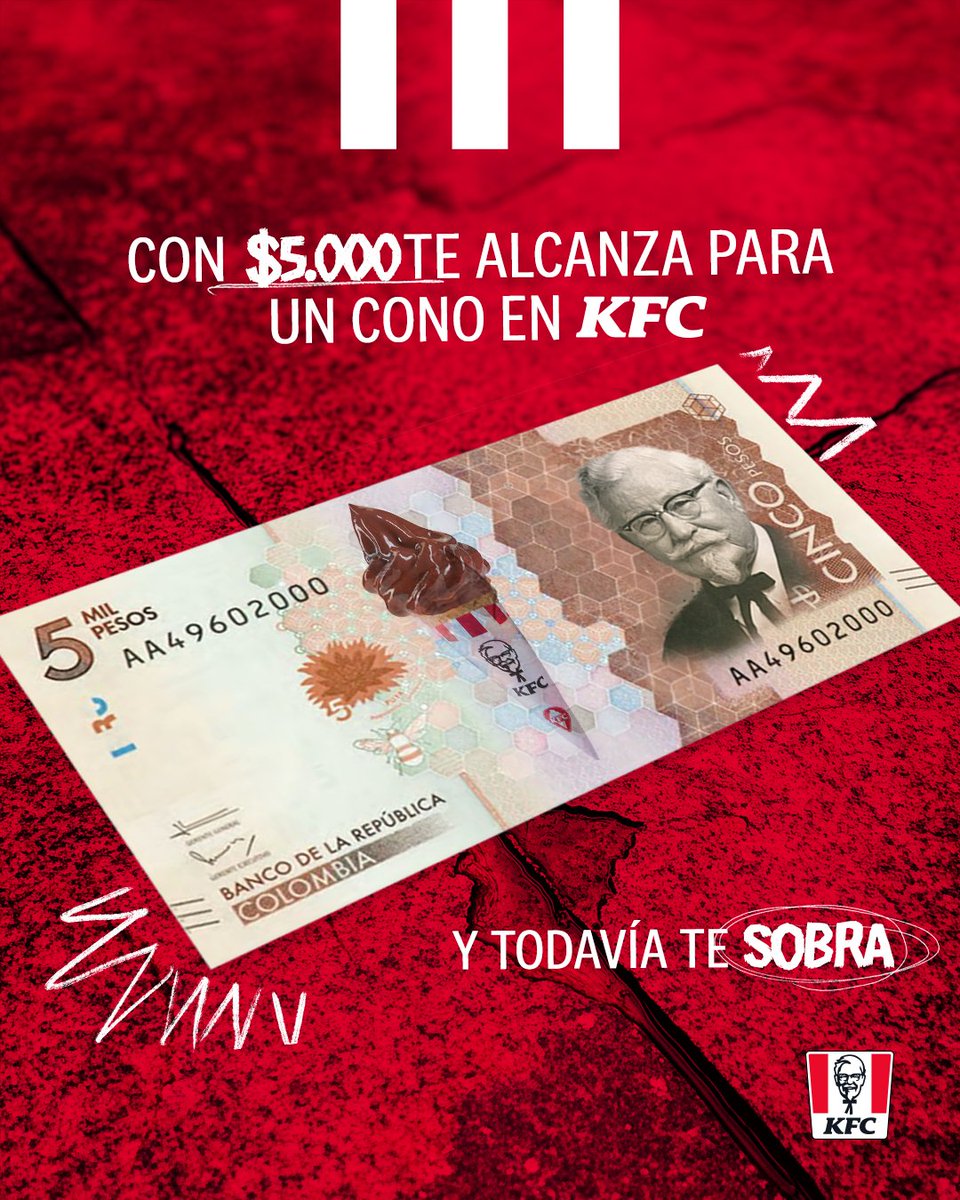 Con un billete de $5.000 puedes hacer muchas cosas… pero la mejor de todas es disfrutar un cono KFC por solo $3.900 🍦🤩 ¡Y todavía te sobran $1.100 para la alcancía! ¿Qué esperas para venir por el tuyo? 😍