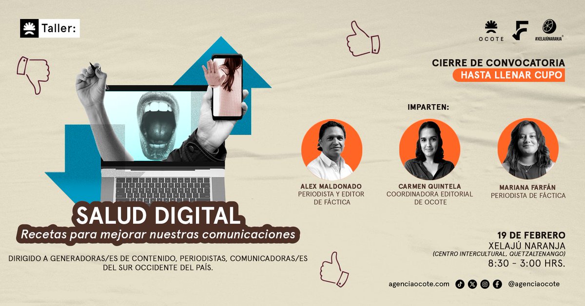 📢 ¡Atención Periodistas y comunicadores del Sur Occidente!

👩‍💻 El taller «Salud digital» llega a Xela, donde aprenderás a identificar la desinformación y reducir el acoso digital.

📆 19 de febrero de 8:30 - 15:00 hrs.
📍 <a href="/XelajuNaranja/">Xelajú Naranja</a>

📌 ¡Inscríbete!
🔗docs.google.com/forms/d/e/1FAI…