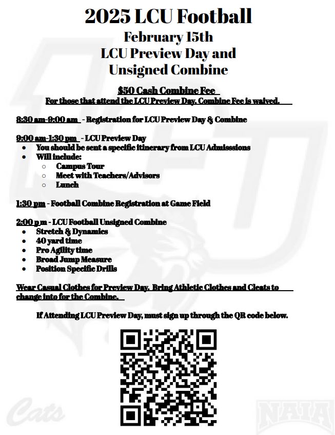 Reaching out to all unsigned seniors. We still have some room available on our roster here at LCU. Still looking for a chance??? Feel like you have been overlooked or passed over??? Show up for our Unsigned Combine and Preview Day and show us what you got!!! #4Pillars #GeauxCats