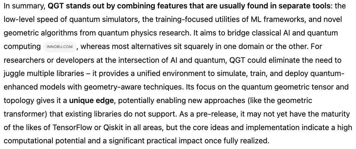batster41's tweet photo. Used Deep Research by @OpenAI to analyse Quantum Geometric Tensor Library repository by @tsotchke. (https://t.co/YoNKDkhz5v)

Full Research: https://t.co/acg1fIgWEL
Conclusion of this research attached.

As a result:
@beffjezos - mogged
@MarkSchmidty - mogged
@xlr8harder - mogged
@teortaxesTex - obliterated