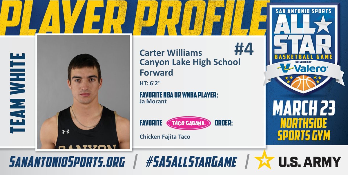San Antonio Sports (@sa_sports) on Twitter photo Meet <a href="/Williams_Cart07/">Carter Williams</a> from <a href="/canyonlakehs/">CanyonLakeHS_Hawks</a> who will compete in the San Antonio Sports All-Star Basketball game pres. by <a href="/ValeroEnergy/">Valero</a> at the Northside Sports Gym on March 23rd! #SASAllStarGame #BeAllYouCanBe <a href="/TacoCabana/">Taco Cabana</a> <a href="/ArmySanAntonio/">GoArmy San Antonio</a> <a href="/JaMorant/">Ja Morant</a>
<a href="/CLHawksBball/">CL Hawks Basketball</a>
<a href="/cisdnews/">Comal ISD</a>
<a href="/CL_Hawks/">CL Hawk Athletics</a> Meet <a href="/Williams_Cart07/">Carter Williams</a> from <a href="/canyonlakehs/">CanyonLakeHS_Hawks</a> who will compete in the San Antonio Sports All-Star Basketball game pres. by <a href="/ValeroEnergy/">Valero</a> at the Northside Sports Gym on March 23rd! #SASAllStarGame #BeAllYouCanBe <a href="/TacoCabana/">Taco Cabana</a> <a href="/ArmySanAntonio/">GoArmy San Antonio</a> <a href="/JaMorant/">Ja Morant</a>
<a href="/CLHawksBball/">CL Hawks Basketball</a>
<a href="/cisdnews/">Comal ISD</a>
<a href="/CL_Hawks/">CL Hawk Athletics</a>
