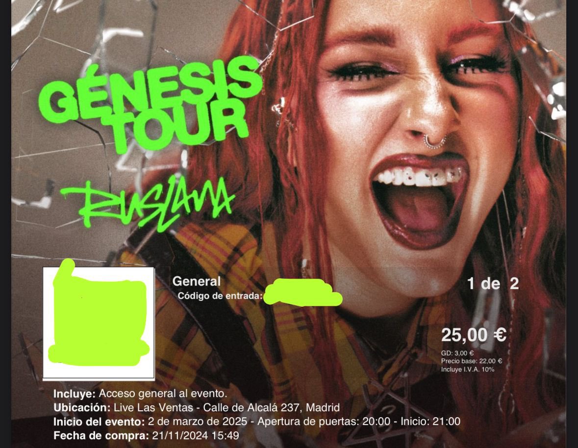 noangeldevil's tweet image. ‼️SE VENDEN 2 entradas para RUSLANA: Génesis Tour en MADRID (2 de marzo) 

interesadxs dm 💚