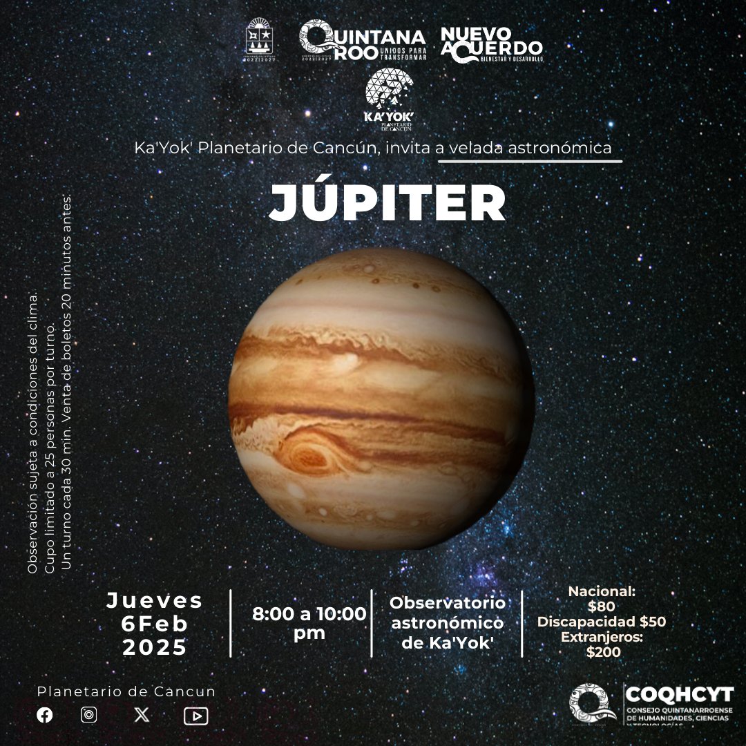 Ka'Yok' Planetario de Cancún (@planetariocun) on Twitter photo Hoy JÚPITER está en la mira, recuerda que cada JUEVES tenemos veladas astronómicas nocturnas. Chécate que el cielo esté despejado antes de salir de casa. planetariodecancun.org/febrero2025
<a href="/VivoEnCancun/">Vivo en Cancún 🏖️</a>
<a href="/Lizzysa/">Lizzy Santoyo</a> <a href="/PorqueAmoCancun/">🏝 Porque yo amo a Cancún y sus alrededores 🏝</a> <a href="/DonLimon/">J Pablo Torres Limón</a> Hoy JÚPITER está en la mira, recuerda que cada JUEVES tenemos veladas astronómicas nocturnas. Chécate que el cielo esté despejado antes de salir de casa. planetariodecancun.org/febrero2025
<a href="/VivoEnCancun/">Vivo en Cancún 🏖️</a>
<a href="/Lizzysa/">Lizzy Santoyo</a> <a href="/PorqueAmoCancun/">🏝 Porque yo amo a Cancún y sus alrededores 🏝</a> <a href="/DonLimon/">J Pablo Torres Limón</a>