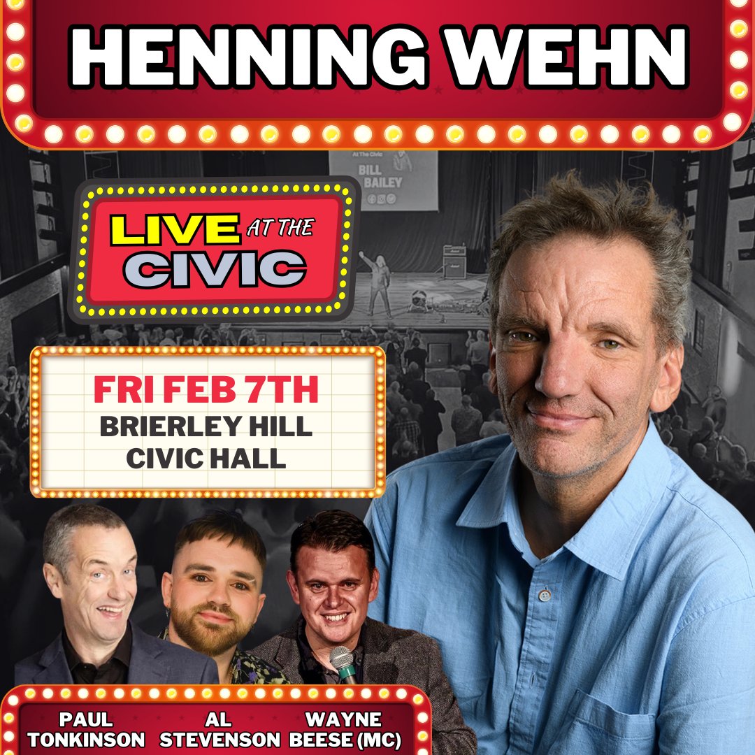 TOMORROW! LAST FEW TICKETS!

<a href="/henningwehn/">Henning Wehn</a> headlines an incredible bill for our latest Live At The Civic in #BrierleyHill !

<a href="/PaulTonkinson/">Paul Tonkinson</a> and Al Stevenson in support with <a href="/WaynoBeese/">Wayne Beese</a>  as your host and MC at <a href="/BHillCivic/">Brierley Hill Civic</a> .

Book at funnybeeseness.co.uk/whats-on