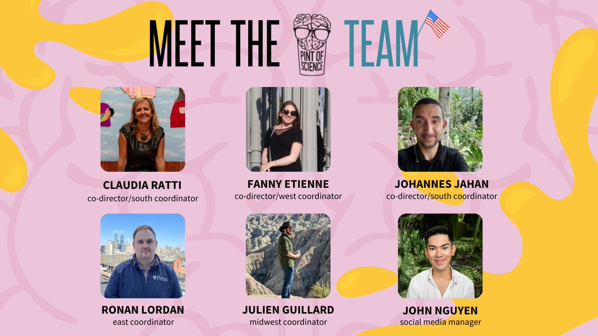 Meet the masterminds behind the #pint25 Pint of Science USA! This amazing team is working hard to bring you fun, accessible, and mind-blowing science talks across the country. 
Want to know more about them? 👉pintofscience.us/team/ 👀🔬

📅May 19, 20 &amp; 21!