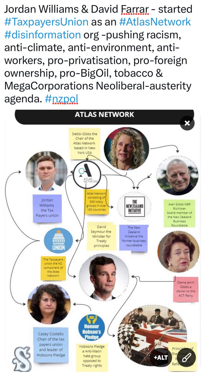 HuiaSue's tweet photo. #AtlasNetwork shill, Jordan Williams, created #TaxpayersUnion #TPU, #FreeSpeechUnion #FSU, funded & org #Groundswell, #HobsonsPledge & more to push the racist, anti-climate, anti-environment, anti-worker, wealth-stealing #BigCorp agenda in NZ -funded by BigOil, Tobacco, Mining + https://t.co/gmdheraCm9