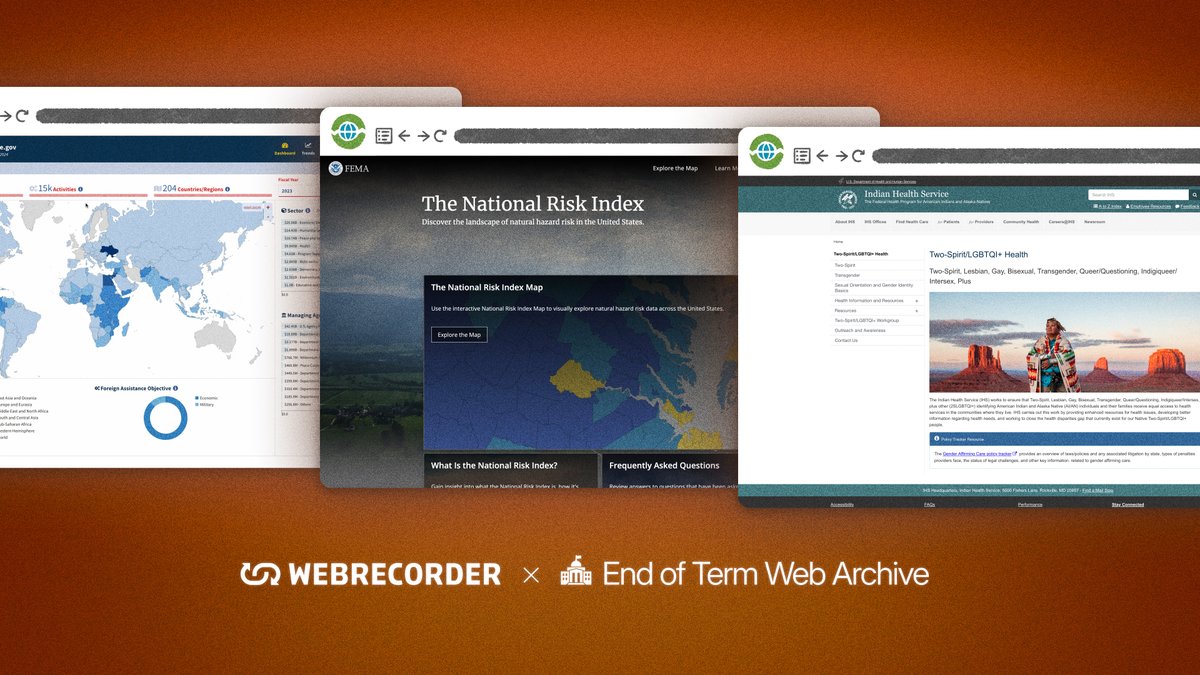 Webrecorder (@webrecorder_io) on Twitter photo We’re proud to be collaborating with the <a href="/eotarchive/">End of Term Archive</a>.org and <a href="/EnviroDGI/">Environmental Data & Governance Initiative</a> to capture and preserve critical government websites before they’re lost, using our high-fidelity web archiving tools: Browsertrix and ArchiveWeb.page
webrecorder.net/blog/2025-02-0…
#EOTarchive We’re proud to be collaborating with the <a href="/eotarchive/">End of Term Archive</a>.org and <a href="/EnviroDGI/">Environmental Data & Governance Initiative</a> to capture and preserve critical government websites before they’re lost, using our high-fidelity web archiving tools: Browsertrix and ArchiveWeb.page
webrecorder.net/blog/2025-02-0…
#EOTarchive