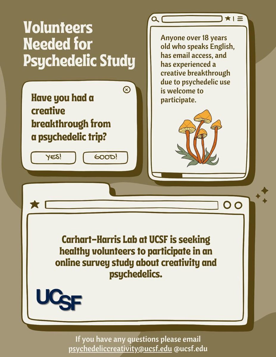 New study assessing the relationship between psychedelics and creative insight, coming out of our lab <a href="/UCSF/">UC San Francisco</a>. Check it out via the link below! ucsf.co1.qualtrics.com/jfe/form/SV_9s… #psychedelics #creativity