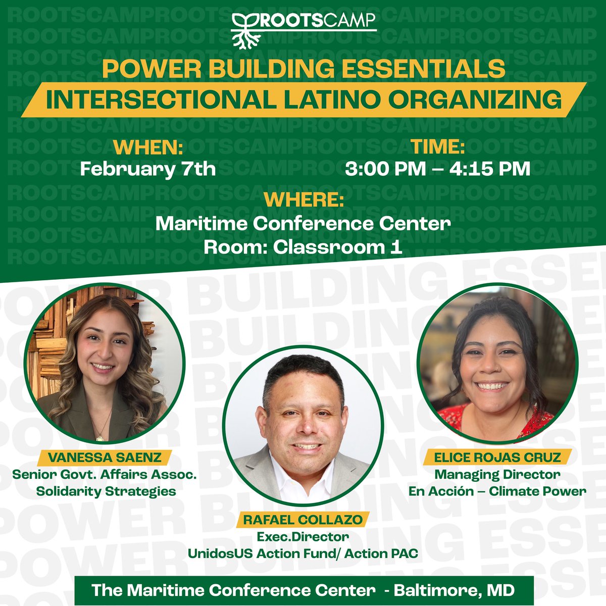 Join us at #RootsCamp on February 7th for a powerful panel on Intersectional Latino Organizing!

📍 Maritime Conference Center, Baltimore, MD

Featuring Vanessa Saenz, <a href="/collazophilly/">Rafael “Ray” Collazo</a>, and Elice Rojas Cruz discussing strategies to empower Latino communities.