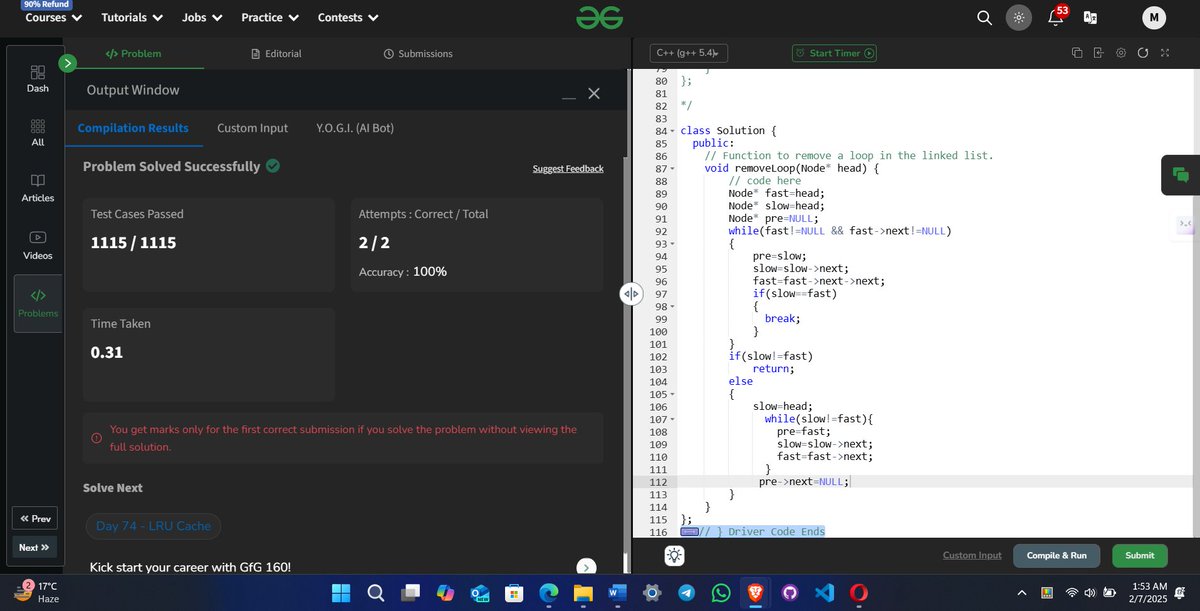 itz_manuv's tweet image. Day 73 of the #GFG160 Challenge is here! Continuing my exciting journey of 160 days dedicated to sharpening problem-solving skills and tackling challenges on GeeksforGeeks💻📷
@geeksforgeeks
gfgcdn.com/tu/TV3 #gfg160 #geekstreak2024 #codinglife