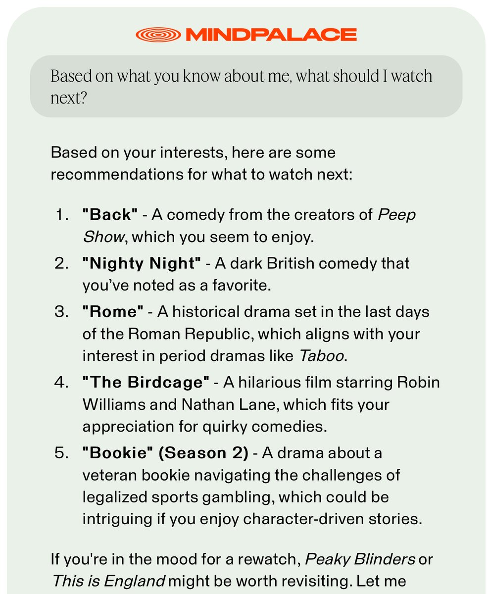Them: ‘Wait, who are you?’
Us: ‘Here’s exactly what you need.’

Personal AI doesn’t mean starting from scratch. MindPalace knows you from the moment you log in.