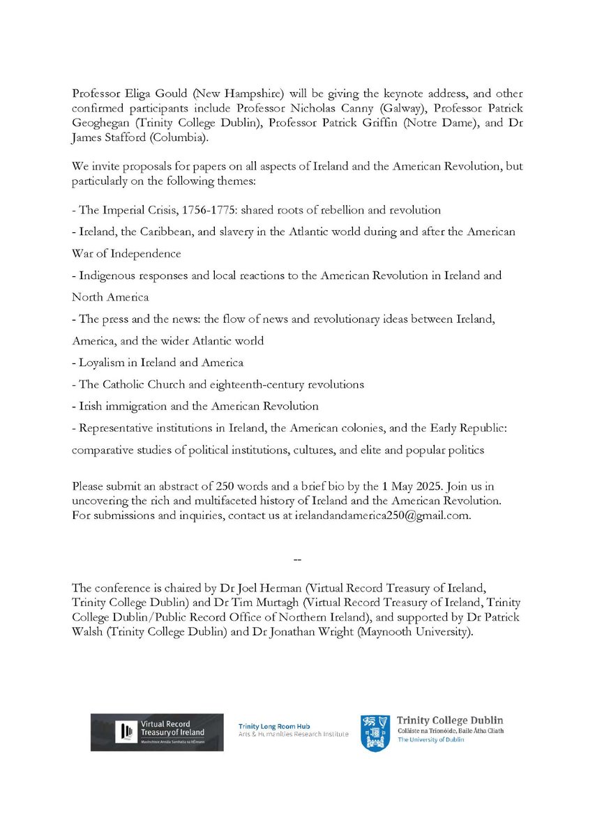 Updated CFP: 'Ireland and the American Revolution'. The organisers invite submissions for papers to be presented at a conference held in the Trinity Long Room Hub at Trinity College Dublin on the 9-10 October 2025.