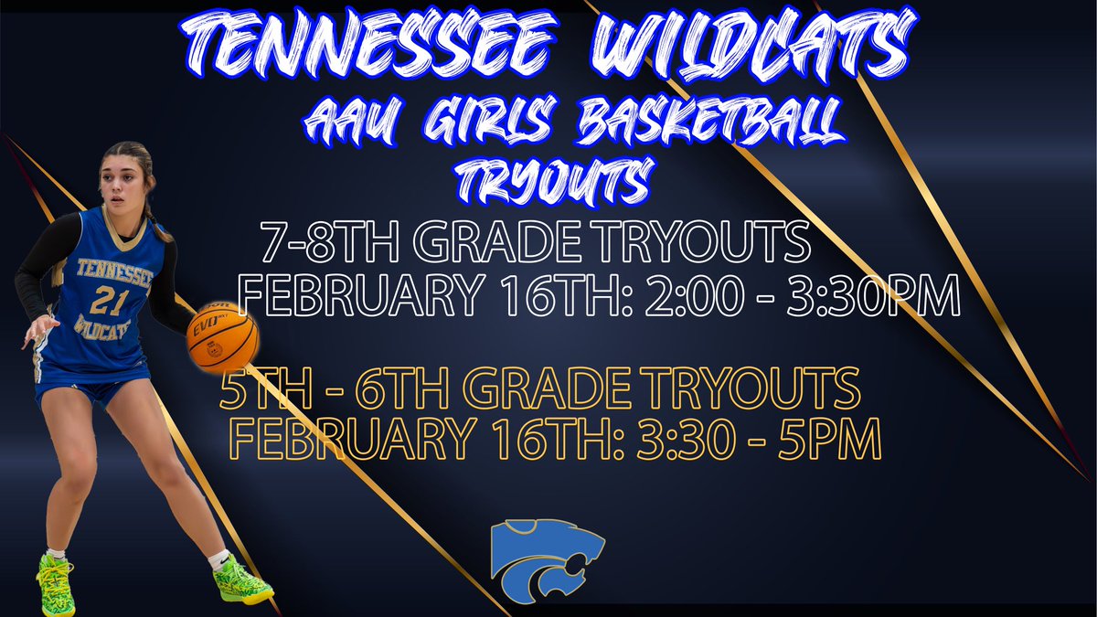 🚨AAU TRYOUTS🚨

The Tennessee Wildcats will be having tryouts for the upcoming AAU season‼️

🗓 February 16, 2025

⏰ 2-3:30 7-8th 

⏰ 3:30-5pm 5-6th 

📍Wilson Central High School Gym

⛹🏼‍♂️ 5th-8th Grade ⛹🏼‍♂️