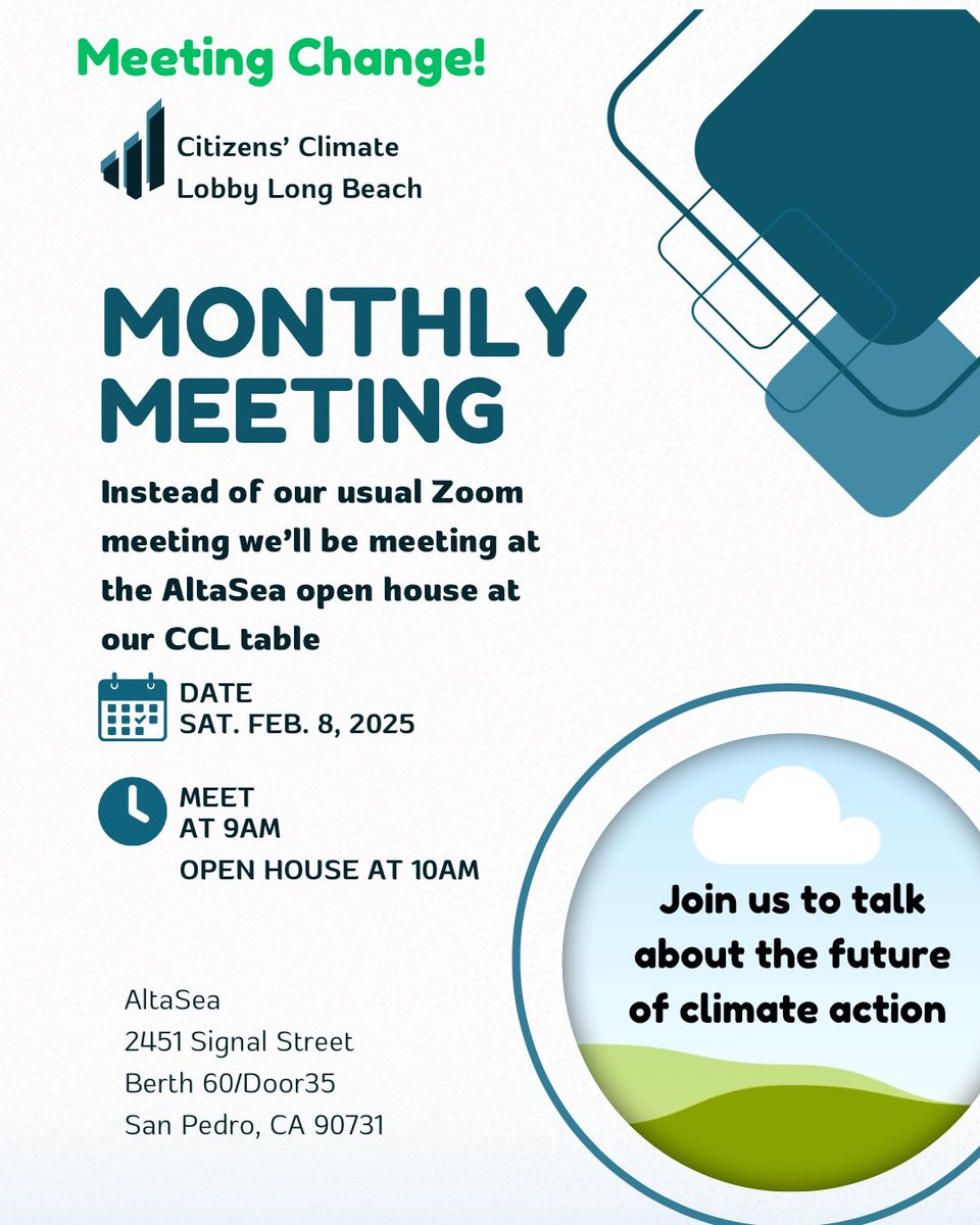 CCL_LB_SoBay's tweet photo. Instead of our usual Zoom meeting this Saturday, we’ll meet at AltaSea before their open house. Join us to learn about tabling, upcoming Earth Day events, and the future of climate action. AltaSea is a cool place highlighting new sustainable tech! 
https://t.co/cYS6dS4mMB https://t.co/gqi4VYPbaV