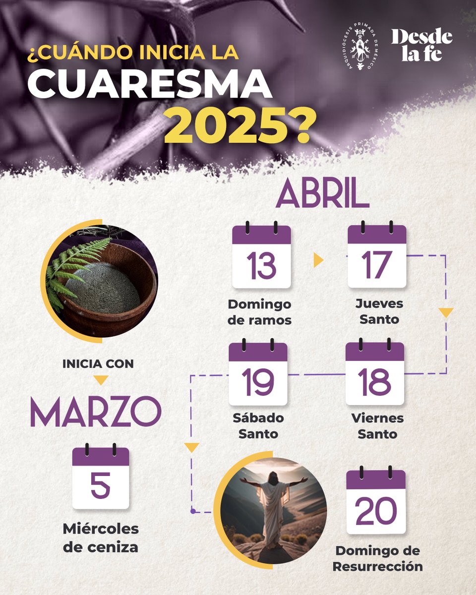 DesdeLaFeMx's tweet photo. ¿Sabes cuándo inicia la Cuaresma? 🧐 ¡Que no te agarre desprevenido! El calendario comienza con el Miércoles de Ceniza; recuerda que es un tiempo de conversión y reflexión. 🙏🔥
📅 Conoce todos los detalles👇 https://t.co/F3NVvjukNS