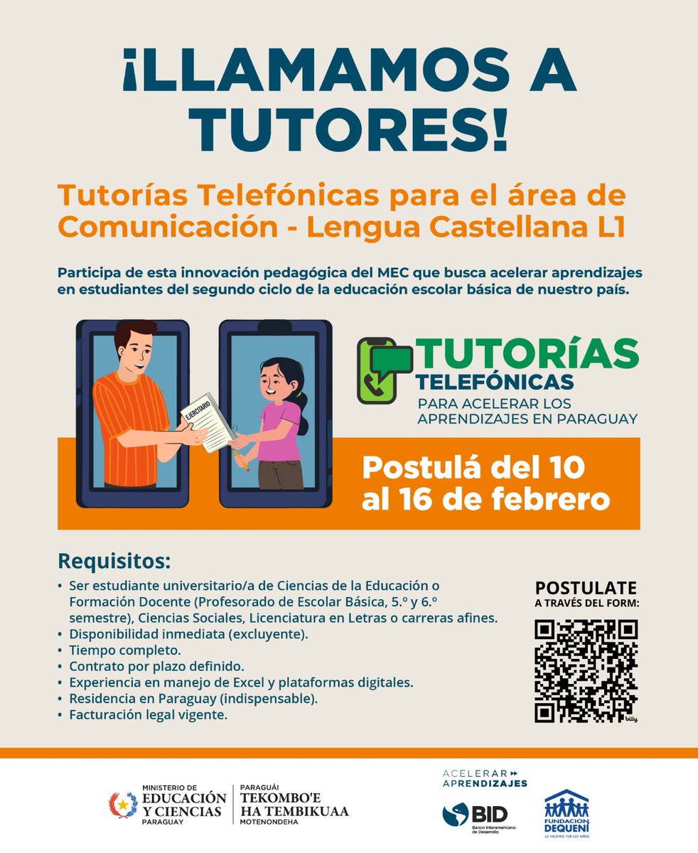 MECpy's tweet photo. 📢 ¡Llamamos a tutores!

Sé parte de Tutorías Telefónicas en Comunicación-Lengua Castellana L1, una iniciativa del MEC que busca acelerar aprendizajes en estudiantes del segundo ciclo de la educación escolar básica. https://t.co/gpF2bNgYra
