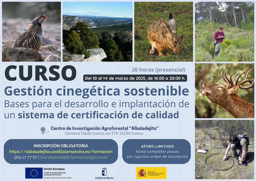 ¡Curso de #GestiónCinegética Sostenible! 🌳🦌🦊👩‍🔬

📅 10-14 marzo 2025 | 📍 Cuenca | 💰 GRATUITO
📖 20h de formación sobre el ET #GECISO.
👨‍🏫 Con participación del Dr. Olmo Linares (UIRCP-UCO).
📗 Incluye el Manual GECISO.

📝 Info e inscripciones 👉 cutt.ly/Ge47TjxR