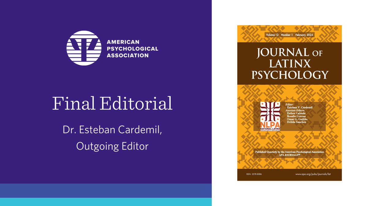 APA_Journals's tweet image. In his outgoing editorial, Dr. Esteban Cardemil looks back over his tenure and the milestones reached by the Journal of #Latinx Psychology, including various special issues, the first impact factor, and the name change. bit.ly/4jAgQCs