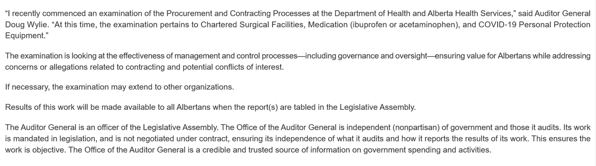 BREAKING: 

Alberta's Auditor General confirms he's examining the "Procurement and Contracting Processes at the Department of Health and AHS", focused on "Chartered Surgical Facilities, Medication (ibuprofen or acetaminophen), and COVID-19 Personal Protection Equipment.” #ableg