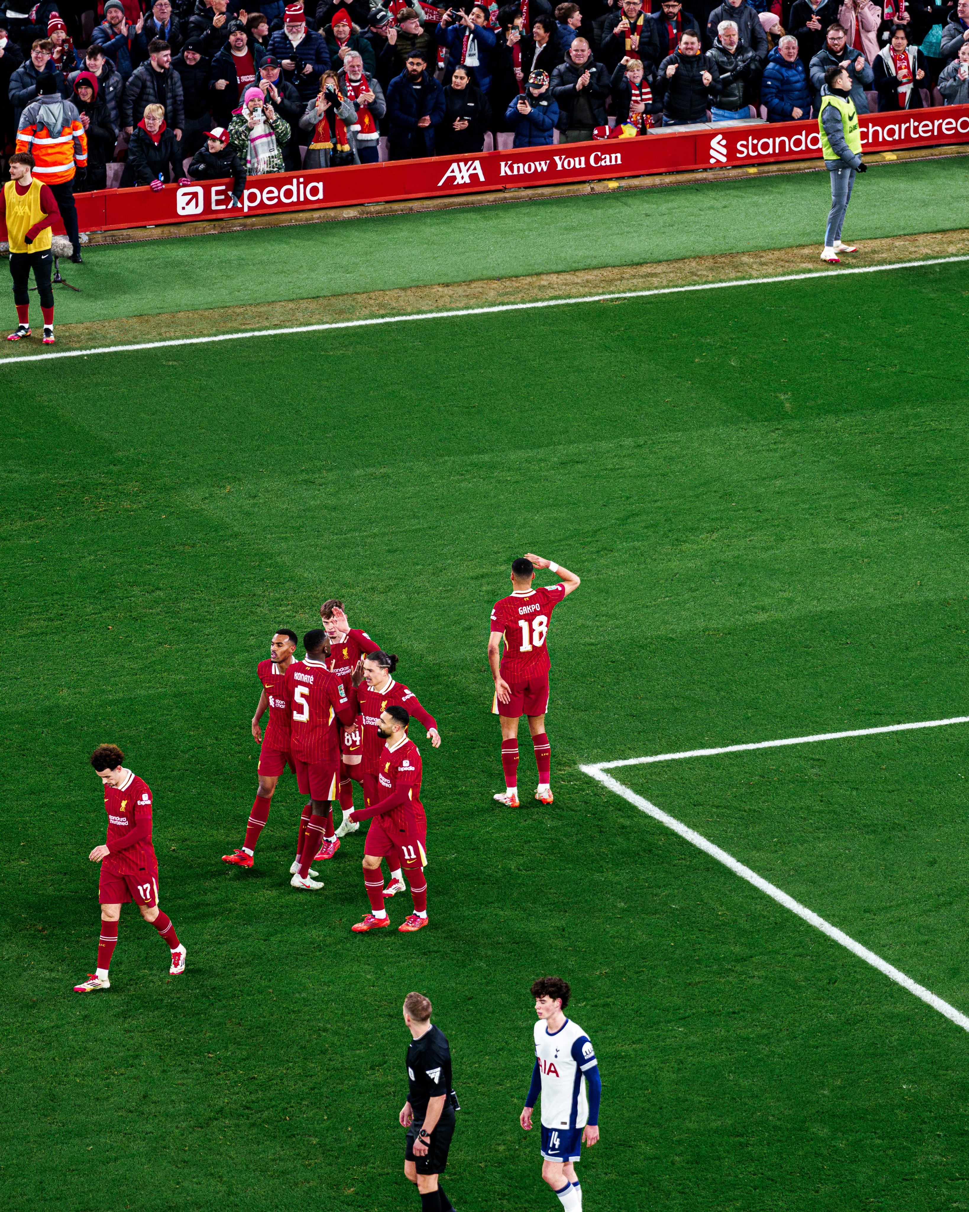 Photography of Cody Gakpo celebrating his goal against Tottenham.