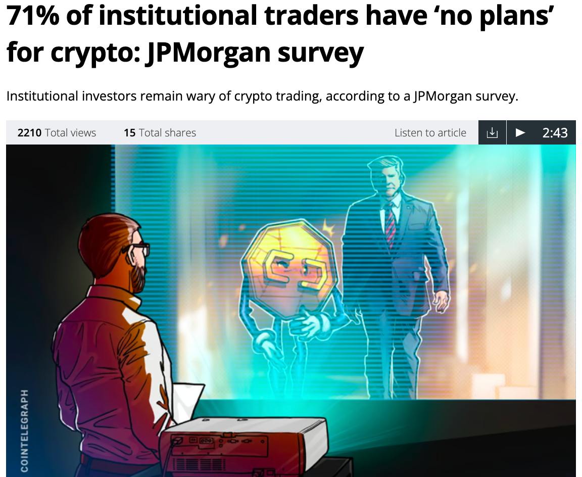 donthienson's tweet photo. JPMorgan調査では、2025年の機関投資家の71%が暗号取引予定なし、参加は16%、取引済みは13%。インフレや関税などのマクロリスクが懸念される中、米規制は緩和傾向。一方、BlackRockやFidelityはBTC・ETHの保有を拡大中ですが、大半は未参入です。 https://t.co/kwMnwWojvi