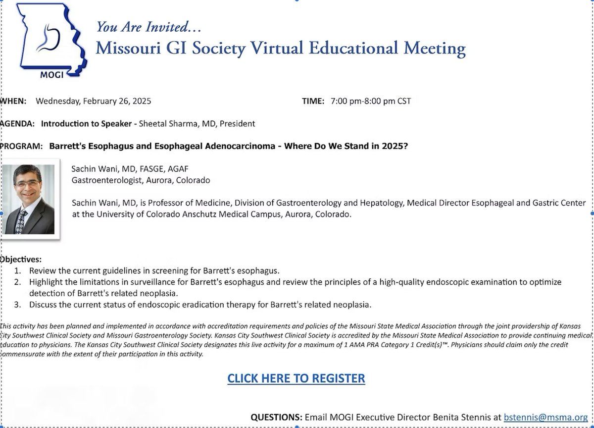 Rajiv Chhabra, MD, MRCP(UK), FACG (@chhabra_rajiv) on Twitter photo Register for excellent upcoming virtual session on Barrett's by Dr. Sachin Wani on 2/26/25. Missouri GI Society meeting missourigi.org/gimeetings
<a href="/MOGISociety/">Missouri GI Society</a>
<a href="/AmCollegeGastro/">ACG</a>
<a href="/GIdoc_Sharma/">Sheetal Sharma MD, FACG</a>
<a href="/DaynaEarly/">Dayna Early</a>
<a href="/JWangMD/">Jean Wang, MD</a>
<a href="/CHRISTINESTL123/">CHRISTINE HACHEM</a>
@GIMotilityMD
#MOGI
us02web.zoom.us/meeting/regist… Register for excellent upcoming virtual session on Barrett's by Dr. Sachin Wani on 2/26/25. Missouri GI Society meeting missourigi.org/gimeetings
<a href="/MOGISociety/">Missouri GI Society</a>
<a href="/AmCollegeGastro/">ACG</a>
<a href="/GIdoc_Sharma/">Sheetal Sharma MD, FACG</a>
<a href="/DaynaEarly/">Dayna Early</a>
<a href="/JWangMD/">Jean Wang, MD</a>
<a href="/CHRISTINESTL123/">CHRISTINE HACHEM</a>
@GIMotilityMD
#MOGI
us02web.zoom.us/meeting/regist…