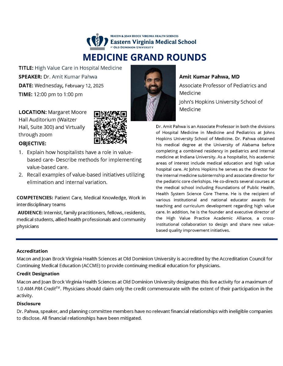 Join us tomorrow, Wednesday, February 12, for Medicine Grand Rounds with Dr. Pahwa! He’ll be discussing High Value Care in Hospital Medicine – a must-attend for anyone in healthcare!