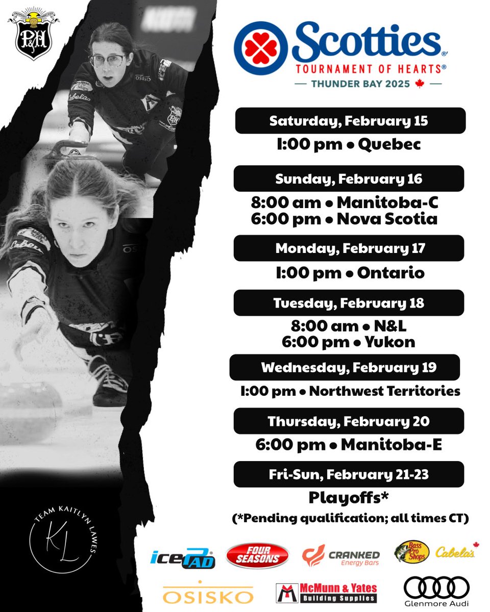 Team Lawes (@teamklawes) on Twitter photo The 2025 Scotties Tournament of Hearts is right around the corner in Thunder Bay!
We are one of three <a href="/curlmanitoba/">CurlManitoba</a> teams and ironically, we’re all in the same pool together. <a href="/TSNCurling/">TSN Curling</a> will have all the action again!!
More info:
curling.ca/2025scotties/d…
#TeamLawes #STOH2025 The 2025 Scotties Tournament of Hearts is right around the corner in Thunder Bay!
We are one of three <a href="/curlmanitoba/">CurlManitoba</a> teams and ironically, we’re all in the same pool together. <a href="/TSNCurling/">TSN Curling</a> will have all the action again!!
More info:
curling.ca/2025scotties/d…
#TeamLawes #STOH2025