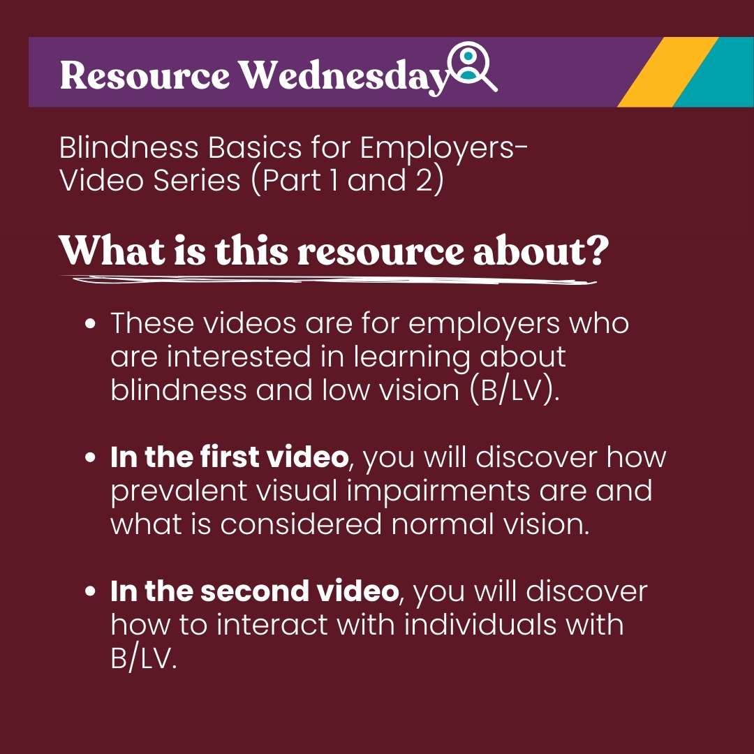 MSU_NRTC's tweet image. Introducing #ResourceWednesday! Each month, we’ll share a free resource to support individuals who are blind or have #LowVision. For #LowVisionAwarenessMonth, watch Blindness Basics for Employers, a video series on visual impairments &amp;amp; workplace inclusion. tinyurl.com/ycxu5xdk