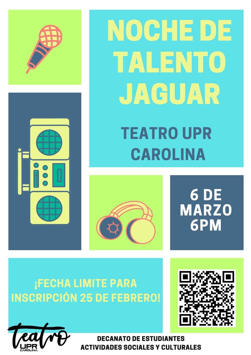 UPR Carolina Informa (@uprca_informa) on Twitter photo NOCHE DE TALENTO JAGUAR
Día: jueves, 6 de marzo
Lugar: Teatro UPR Carolina
Hora: 6:00 p.m. 
Fecha límite para la inscripción: 25 de febrero
Accede al siguiente enlace para participar: forms.office.com/r/Na7gxBJXUC?o… NOCHE DE TALENTO JAGUAR
Día: jueves, 6 de marzo
Lugar: Teatro UPR Carolina
Hora: 6:00 p.m. 
Fecha límite para la inscripción: 25 de febrero
Accede al siguiente enlace para participar: forms.office.com/r/Na7gxBJXUC?o…