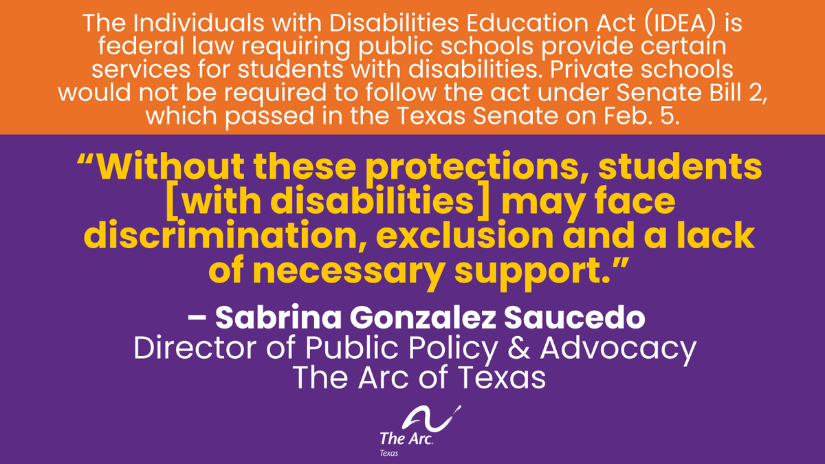 Yesterday, despite bipartisan opposition, the TX Senate passed SB 2 establishing an Educational Savings Account program that would divert public school funds to private schools, raising concerns for students w/ disabilities. ow.ly/1kHo50UVeKC

#TXLege #Disability #Education