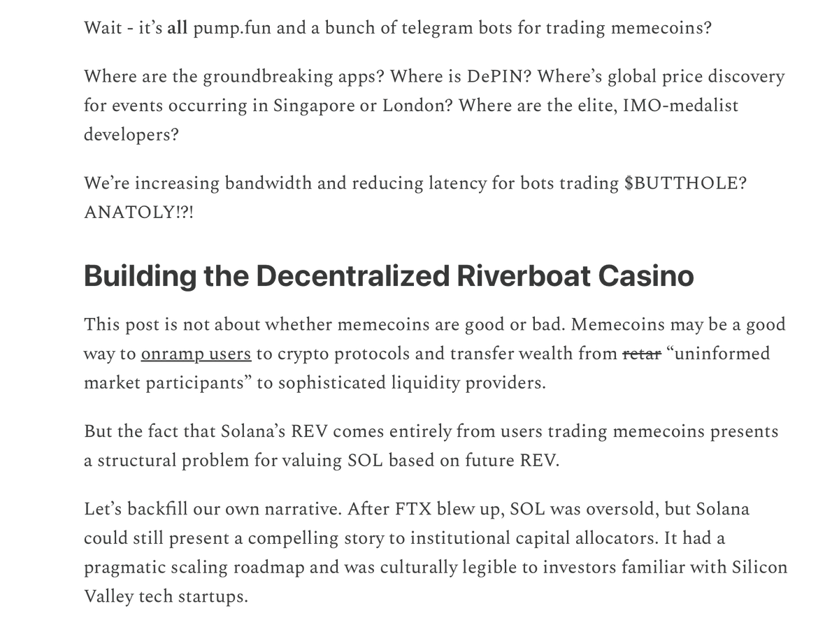 How to Backfill a Narrative 

I wrote about Solana, Ethereum, Memecoins and REV.

I argue that SOL can't be realistically valued based on projected future REV and that memecoin dominance presents structural risk for Solana.