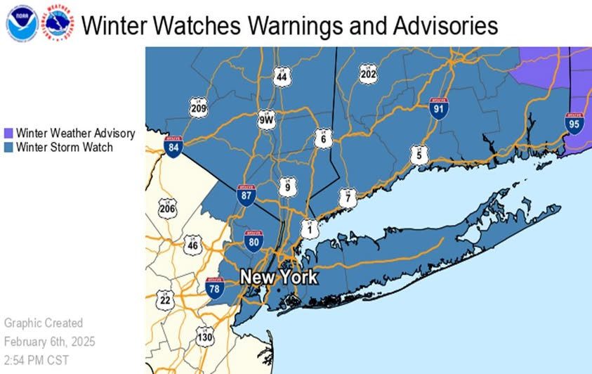 NWSNewYorkNY's tweet photo. A Winter Storm Watch is in effect for the entire forecast area for Saturday night through Sunday morning. We will have additional details with a briefing in a little bit. #NYwx #NJwx #CTwx https://t.co/3TRoZpqOjD