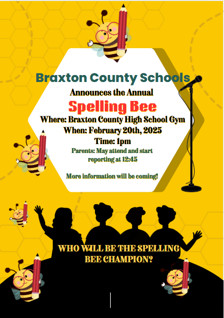 BraxtonSchools's tweet photo. ATTENTION! Parents, Families and Friends, we have changed the Spelling Bee date from February 14th. The new date is February 20, 2025!!!!! Please mark your calendars. More information will be  posted in the next several days. https://t.co/gEwPwjnn18