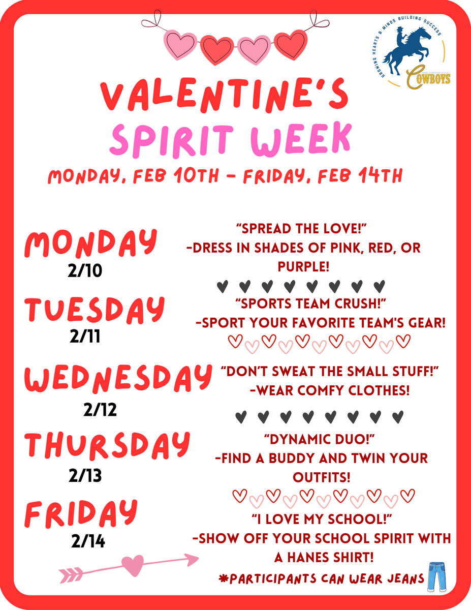 Next week, we’re excited to celebrate Kindness and Valentine’s Spirit Week! Your child is welcome to join in on the fun by participating in the daily dress-up themes.