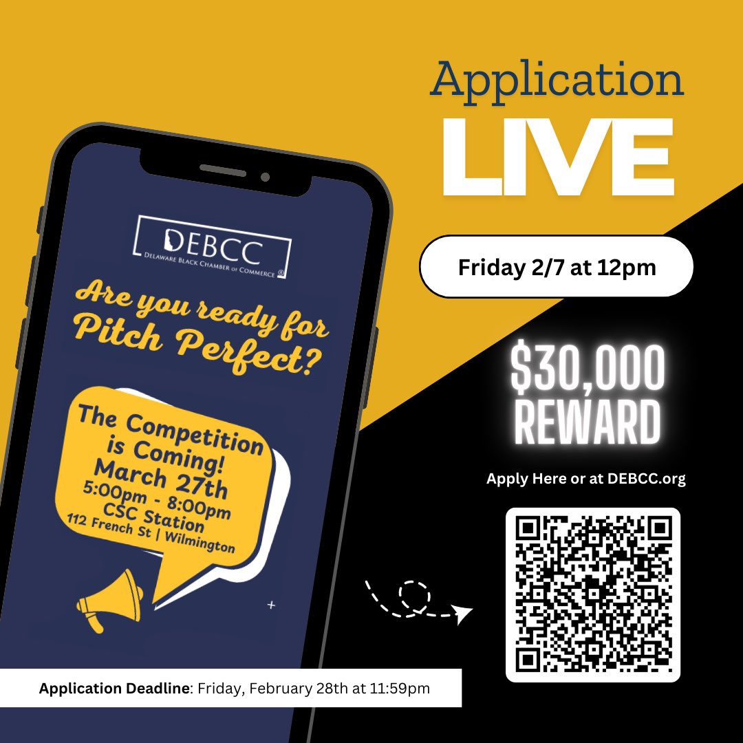 🚨 Exciting News! 🚨

The Delaware Black Chamber of Commerce (DEBCC) is thrilled to announce the Pitch Perfect Competition—an incredible opportunity for entrepreneurs to win a share of $30,000 in capital! 💰✨

Application live at DEBCC.org Friday 2/7 at 12 pm.