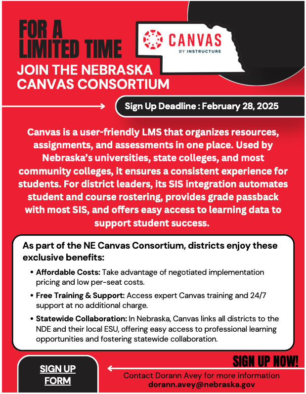 Spring sign-ups for the Nebraska Canvas Consortium are now open! The deadline to register is February 28, 2025.