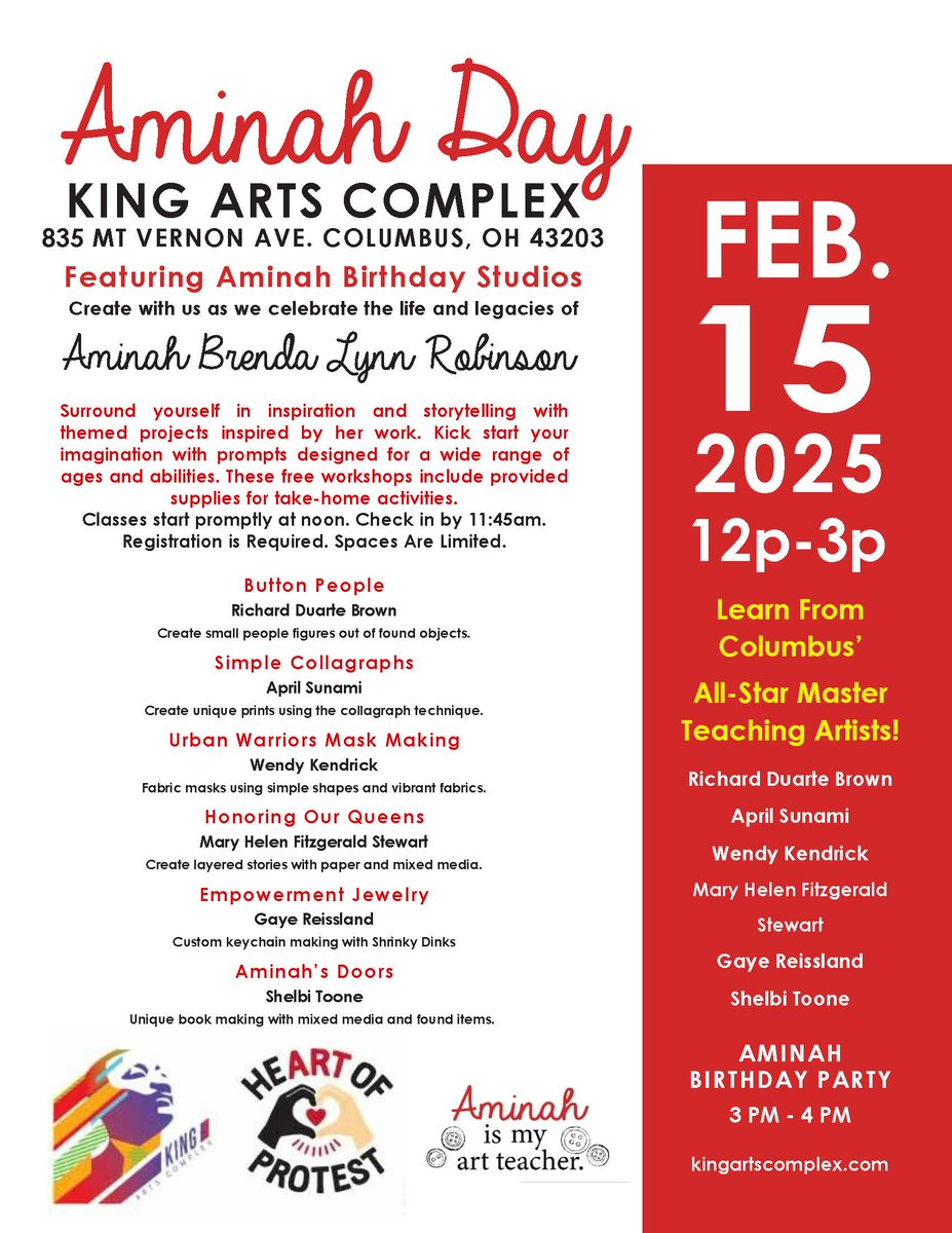 Surround yourself in inspiration and storytelling with themed projects inspired by the work of Aminah Robinson on Saturday, February 15th!  These workshops are free and supplies are provided. REGISTRATION IS REQUIRED. eventbrite.com/e/aminah-day-2…
