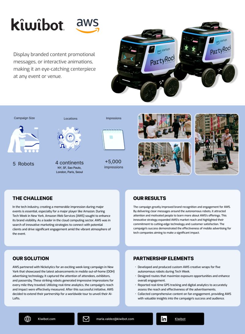 gokiwibot's tweet image. During Tech Week, @AWSstartups partnered with us &amp;amp; @nickelytics to deploy autonomous robots for mobile out-of-home advertising in 6 major cities 🌍🤖

Discover how this campaign made an impact. Read the full case study below! 👇✨

#Kiwibot #MobileAdvertising #BrandEngagement