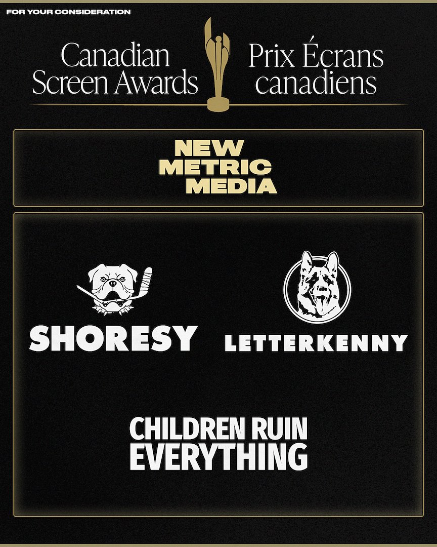 New Metric Media (@newmetricmedia) on Twitter photo The deadline for the first round of voting for the 2025 Canadian Screen Awards is coming up on February 13.
For your consideration: <a href="/ShoresyHockey/">Shoresy</a>, <a href="/LetterkennyProb/">Letterkenny Problems</a> and <a href="/childrenruin_tv/">Children Ruin Everything</a>.
Thank you and good luck to all!
#CdnScreenAwards The deadline for the first round of voting for the 2025 Canadian Screen Awards is coming up on February 13.
For your consideration: <a href="/ShoresyHockey/">Shoresy</a>, <a href="/LetterkennyProb/">Letterkenny Problems</a> and <a href="/childrenruin_tv/">Children Ruin Everything</a>.
Thank you and good luck to all!
#CdnScreenAwards