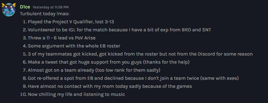 SarrZFN's tweet photo. Ex E8-Player "D1ce" day-schedule after being kicked from Team Elevate😂 https://t.co/2PCfgwRpZj