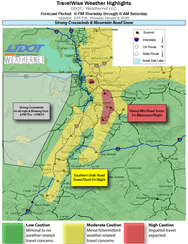 UDOTTRAFFIC's tweet image. Road Weather Alert: Strong crosswinds expected tonight through Friday afternoon. Mountain road snow and with some light lower elevation road snow Friday afternoon and night. For more information visit:  udottraffic.utah.gov/roadweatherale……
@UtahTrucking
#UTWX #UTSNOW #utwind