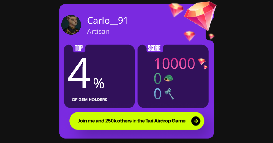 I'm in the top 4% of players in the Tari Airdrop game! <a href="/tari/">Tari</a> is a new versatile layer 1 blockchain protocol built in Rust. Play the airdrop game now! airdrop.tari.com/?referral=uOrn… #MyTariRank