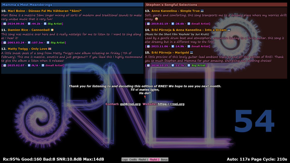 Daz Dude (@dazdude4000) on Twitter photo The RNEI54 EasyDRF playlist at ~0158 UTC Thursday, from 5850kHz WRMI Florida, decoded from an IQ recording from the VE7AV KiwiSDR in Lamont, Canada using AM sync DSB (95% RS4 data):
<a href="/SWRadiogram/">Shortwave Radiogram</a> <a href="/RNEI_Official/">Radio Northern Europe International</a> The RNEI54 EasyDRF playlist at ~0158 UTC Thursday, from 5850kHz WRMI Florida, decoded from an IQ recording from the VE7AV KiwiSDR in Lamont, Canada using AM sync DSB (95% RS4 data):
<a href="/SWRadiogram/">Shortwave Radiogram</a> <a href="/RNEI_Official/">Radio Northern Europe International</a>