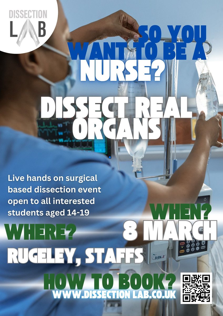 🚨West Midlands Schools! 🚨
Got students aged 14-19 interested in medicine, nursing, or biomedical sciences? 🏥🔬
Join Dissection Lab for a hands on surgical dissection event dissect real organs &amp; explore a career in healthcare!
📍 Rugeley, Staffs
📅 8 March
RT appreciated 😇