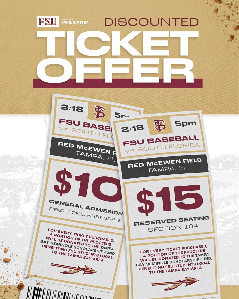 For the first time since 2016, <a href="/FSUBaseball/">FSU Baseball</a> is back in Tampa! Cheer on the Noles as they take on <a href="/USFBaseball/">USF Baseball</a> on Tuesday, February 18 at 5pm. 

Tickets are discounted via the link below and a portion of proceeds benefits our scholarship fund!

Tickets: usf.spinzo.com/TampaBaySemino…